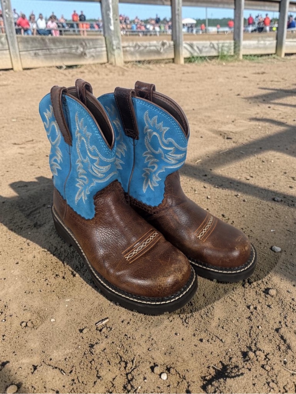 Ariat Fatbaby Western Riding Boots Brown Blue Leather Women’s 10B